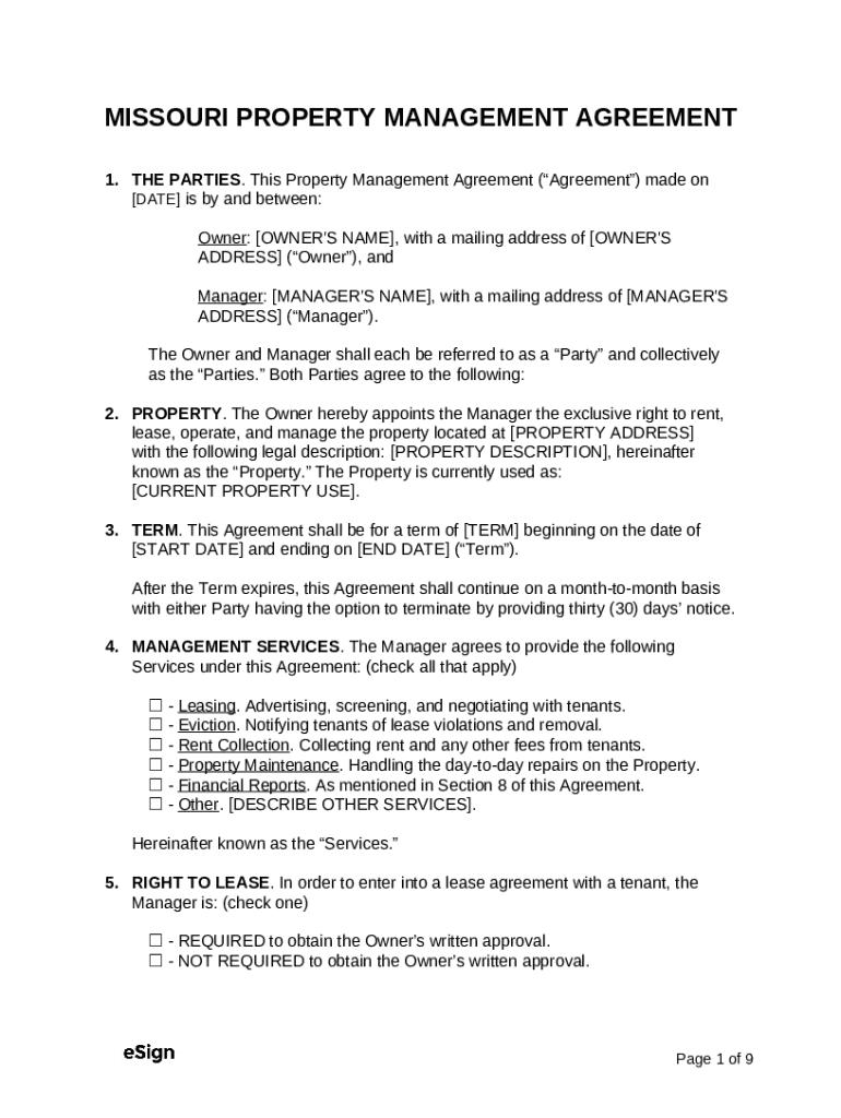 Missouri Property Management Agreement Sample 1 Doc Template pdfFiller