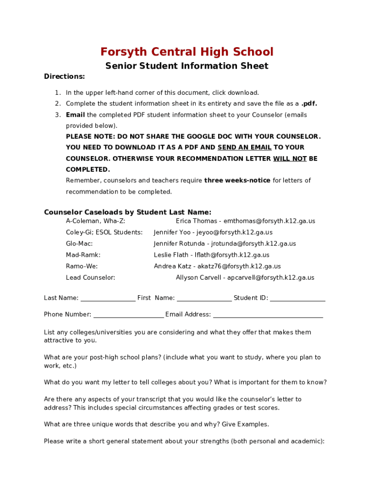 Forsyth Central High School Senior Student Ination Doc Template