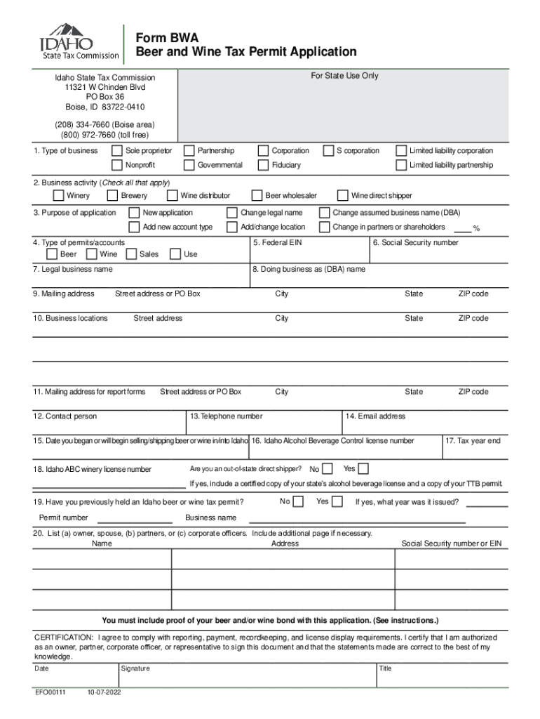 Fillable Online tax idaho Form BWA, Beer and Wine Tax Permit
