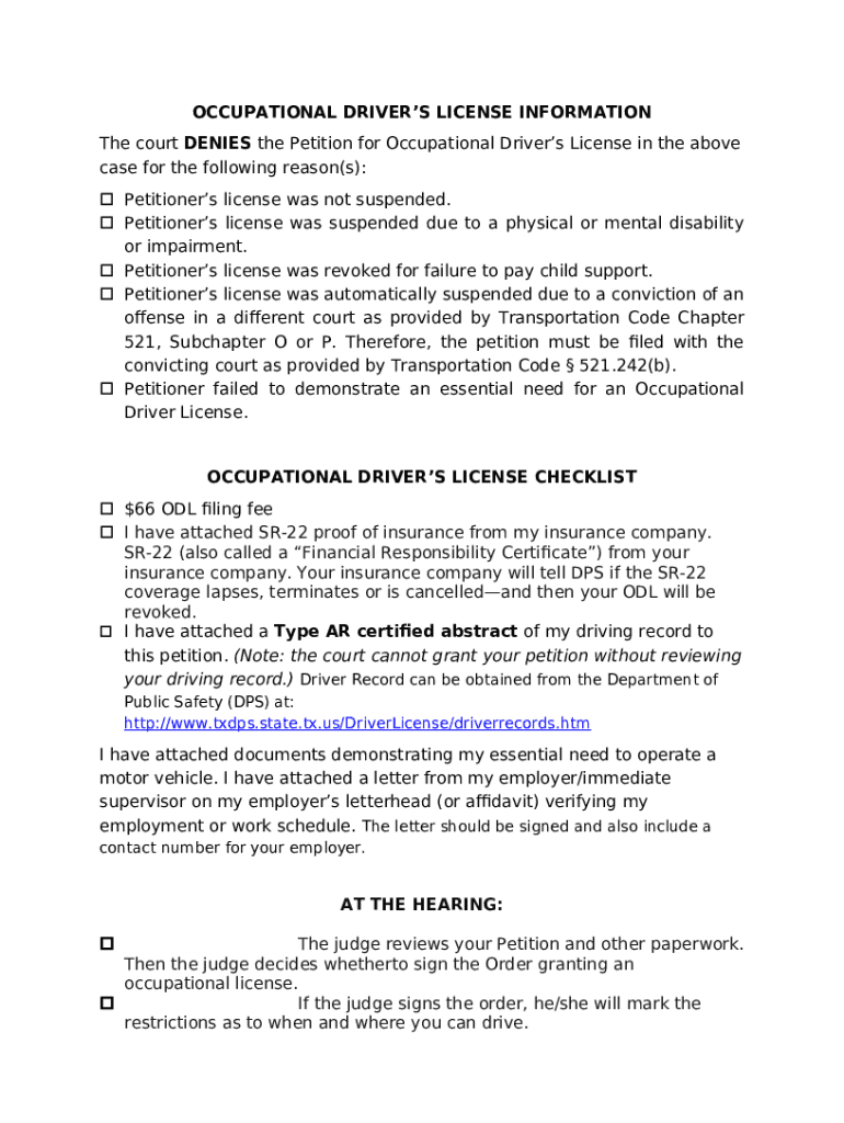 OCCUPATIONAL DRIVER'S LICENSE INATION Doc Template pdfFiller