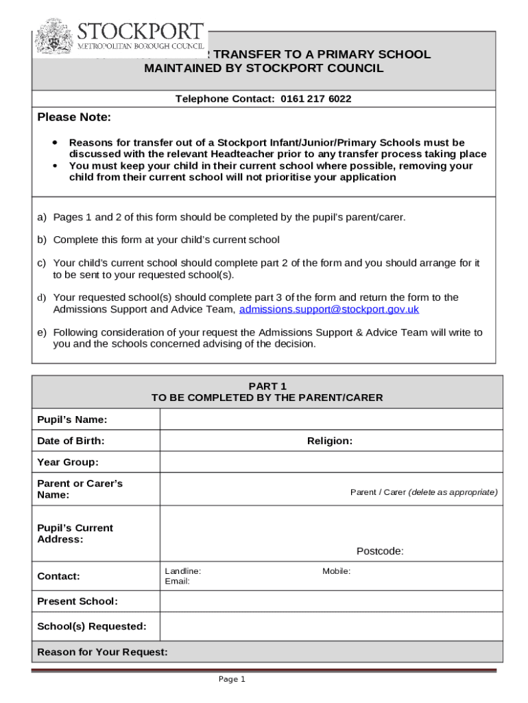Changing schools during the school year Stockport Council Doc Template pdfFiller