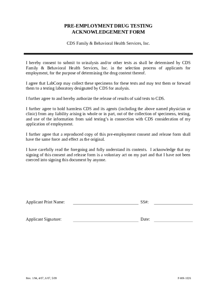 PreEmployment Drug Testing Acknowledgement Doc Template pdfFiller