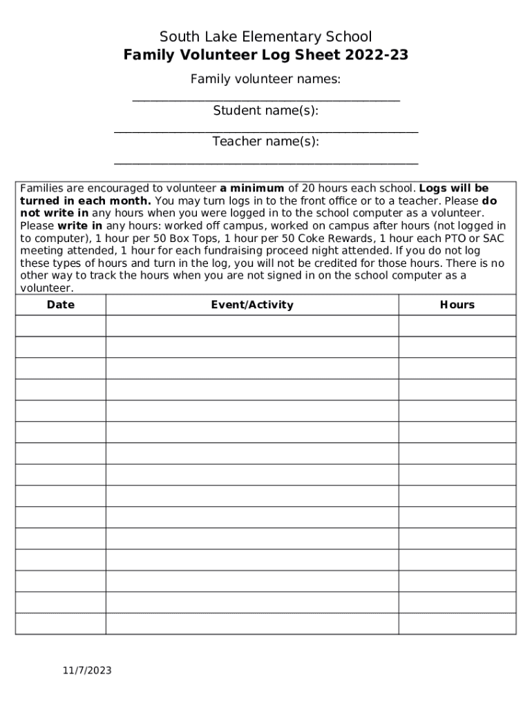 South Lake Elementary School Family Volunteer Log Doc Template