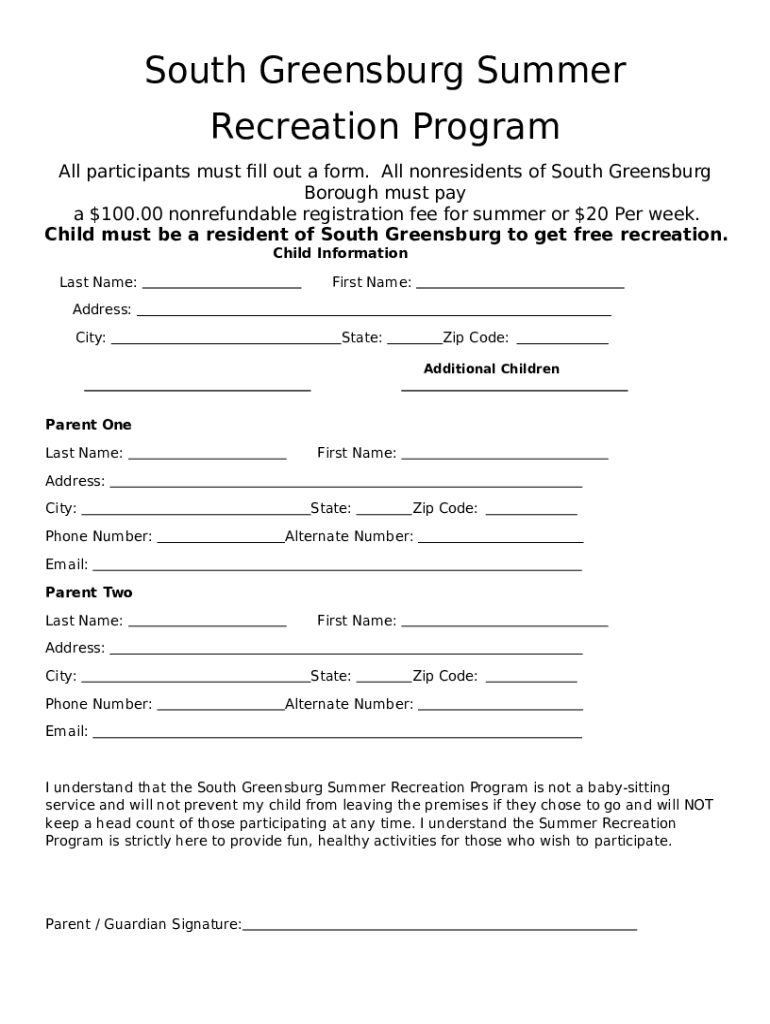 Summer Recreation Program Borough of South Greensburg Doc Template