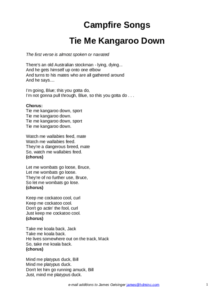Lyrics for Tie Me Kangaroo Down, Sport by Rolf Harris Doc Template pdfFiller