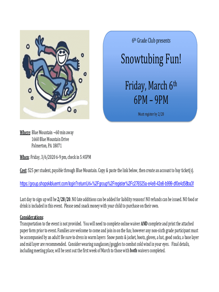 Fillable Online 2Hour Snow Tubing Ticket Blue Mountain Resort Fax