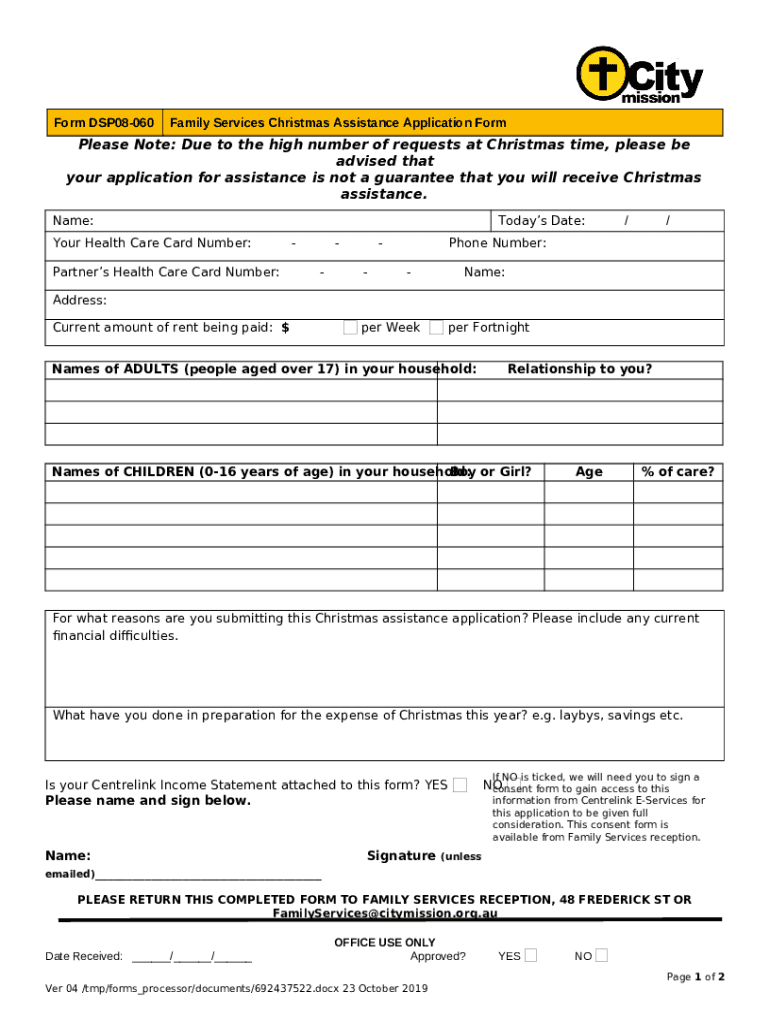 Family Services Christmas Assistance Application Doc Template pdfFiller