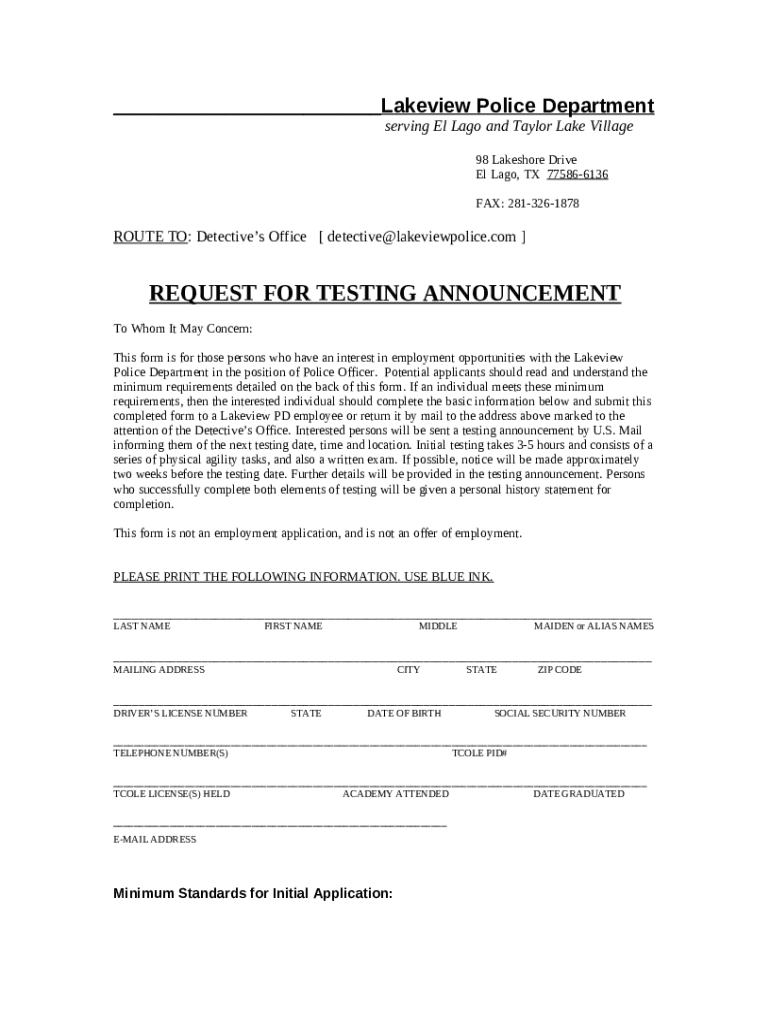 Lakeview Police Department Doc Template pdfFiller