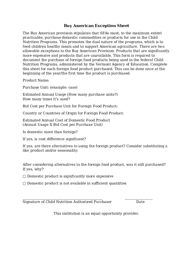 Buy American Provision Exception Documentation Worksheet