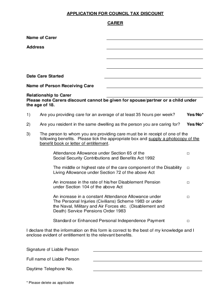 Fillable Online Carer Council Tax discount application form Fax Email