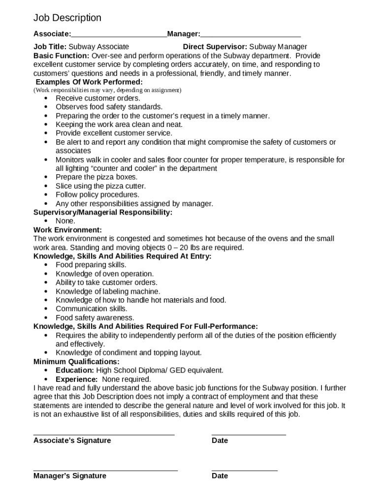 Subway Manager Resume Samples Doc Template pdfFiller