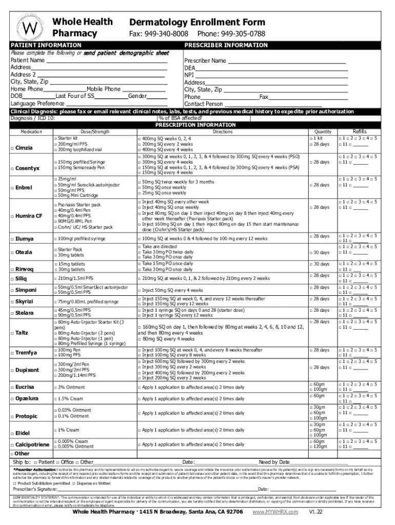Fillable Online Whole Health Pharmacy Dermatology Enrollment Form Fax