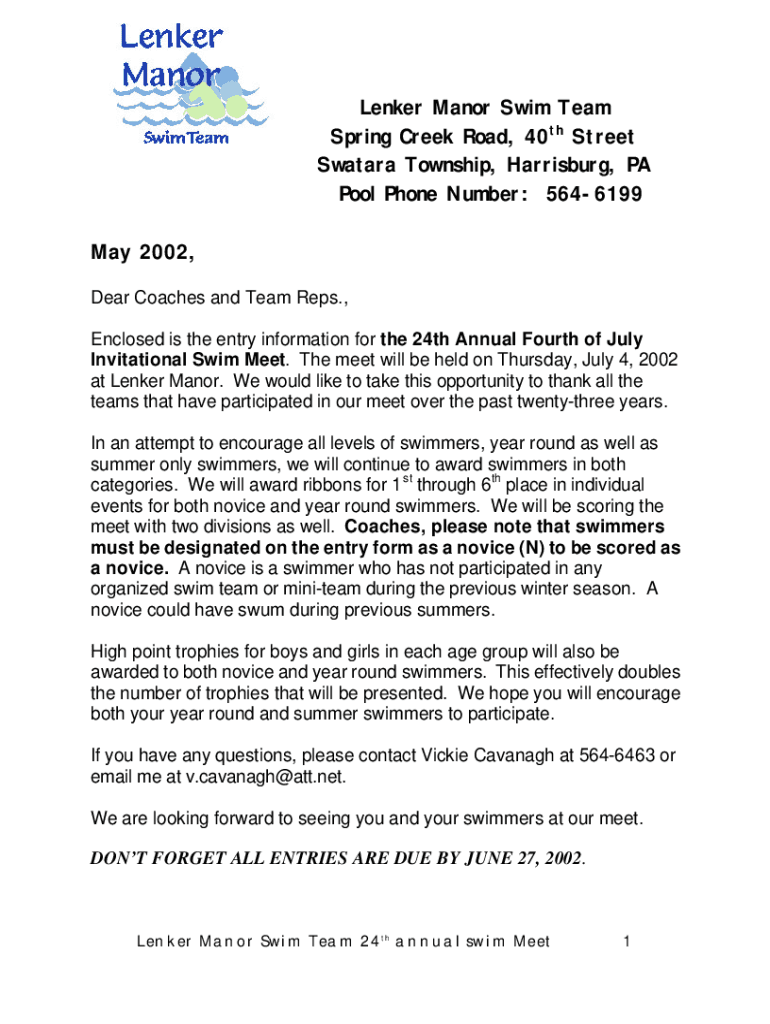 Fillable Online Lenker Manor Swim Team Spring Creek Road, 40th Street