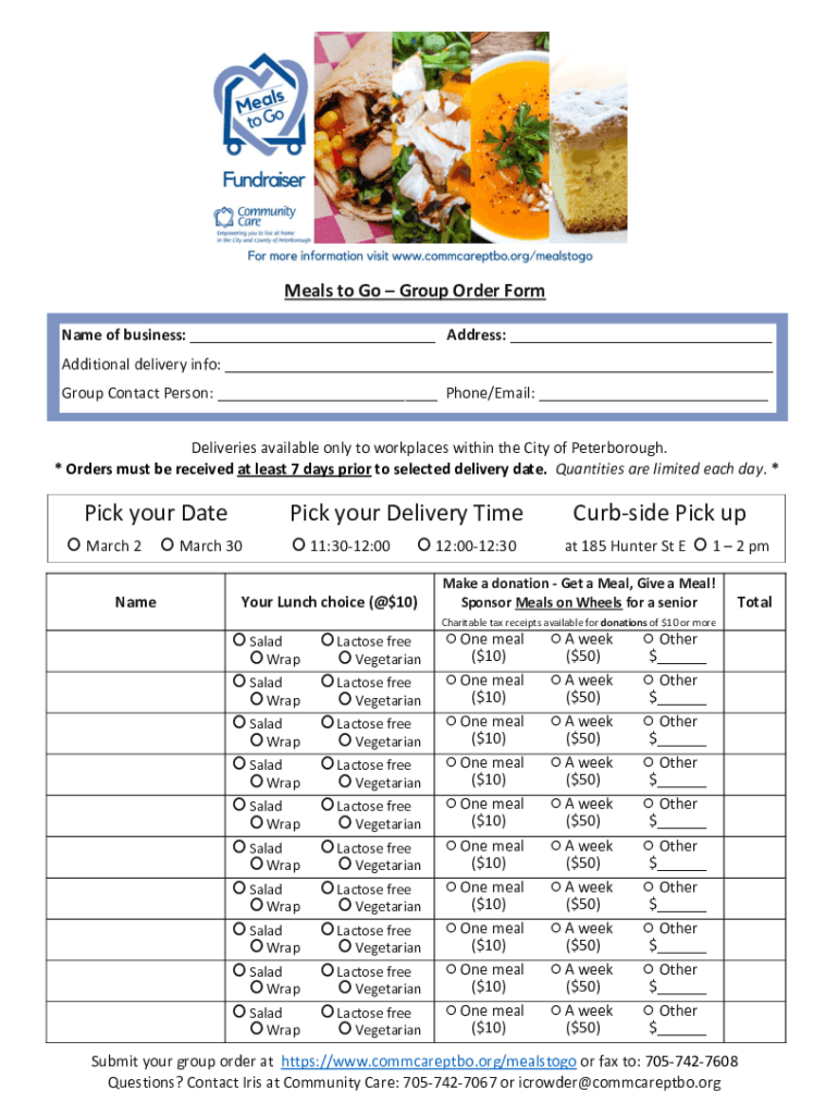 Fillable Online meals on wheels frozen meals special order form Fax