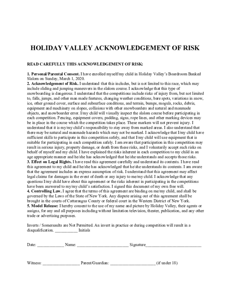 Fillable Online Holiday Valley Acknowledgement of Risk Fax Email Print