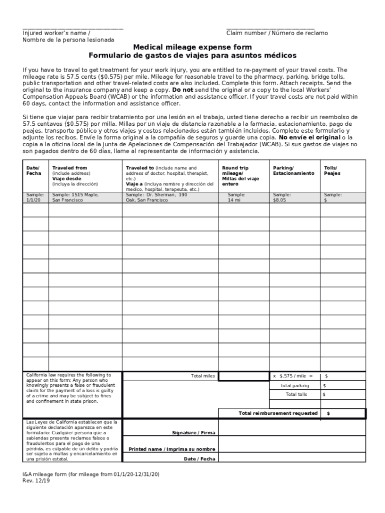 Injured worker Medical mileage expense Doc Template pdfFiller