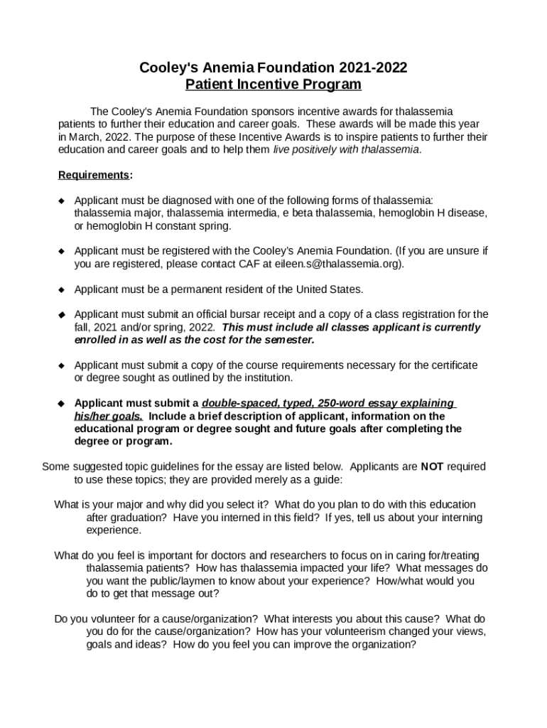 Thalassemia Patient Educational Incentive Award Application Doc