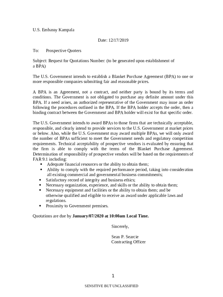 Establishment of a Blanket Purchase Agreement (BPA) Doc Template