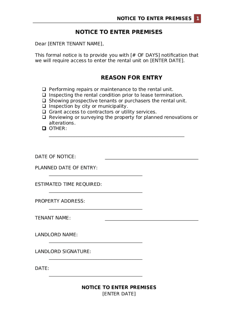 Notice to Enter Landlord Notice of Entry (US) Doc Template pdfFiller