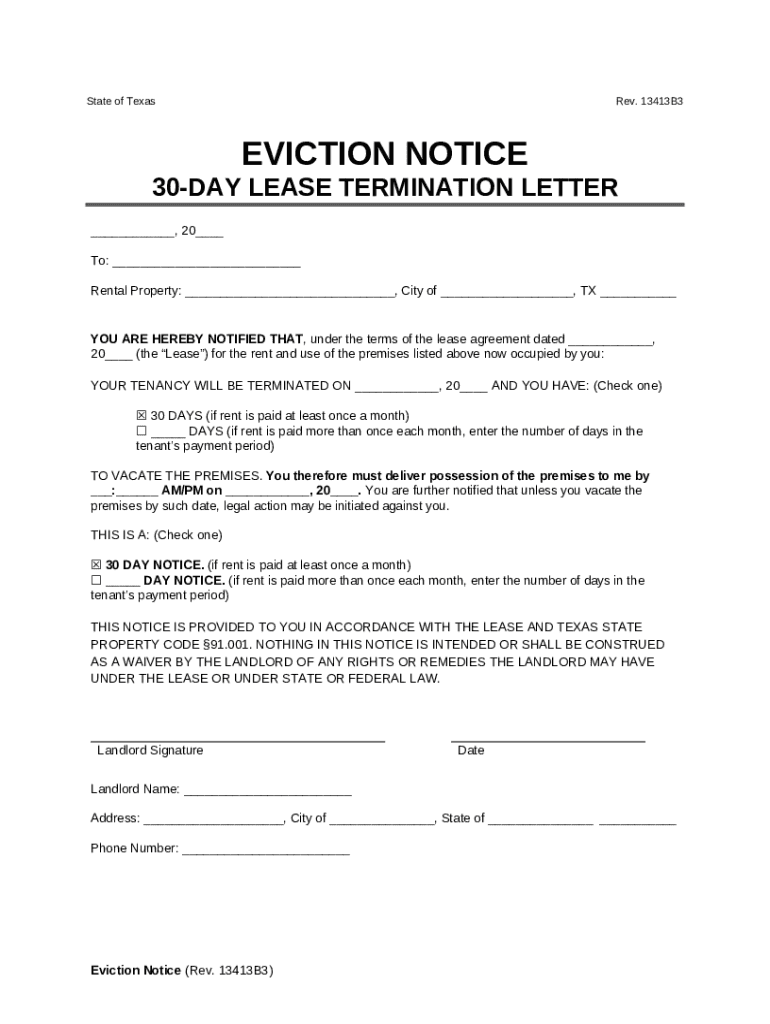 Texas Lease Termination Letter 30Day Notice Doc Template pdfFiller