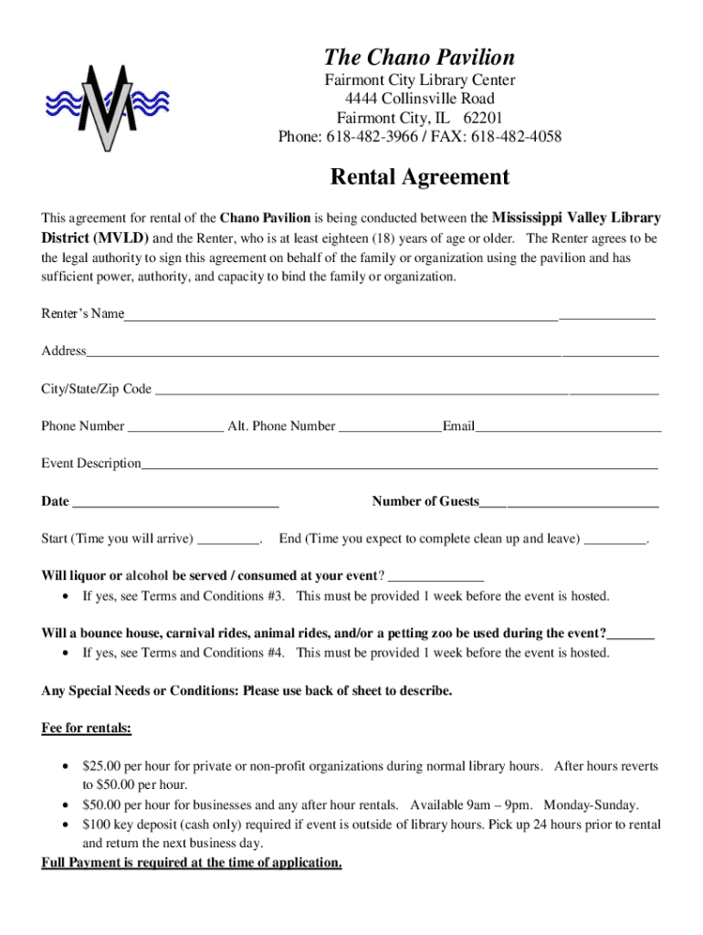 Fillable Online Fairmont Library and Chano Pavilion Rental Application