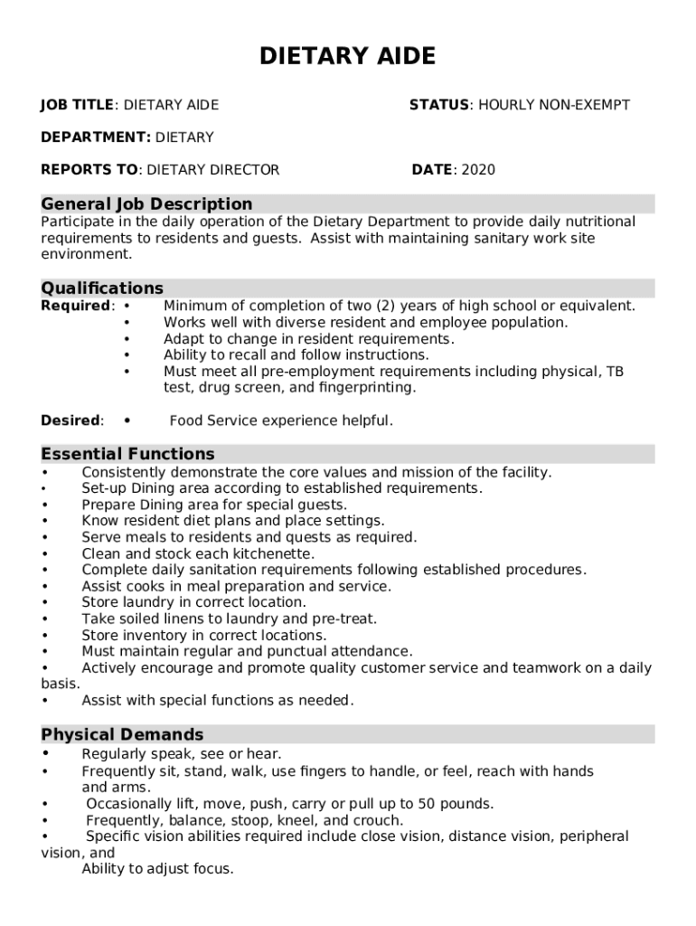 Best Dietary Aide Job Description Template Doc Template pdfFiller