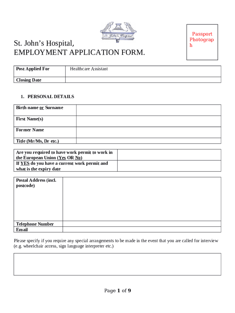 St. John's Hospital, EMPLOYMENT APPLICATION . Doc Template pdfFiller