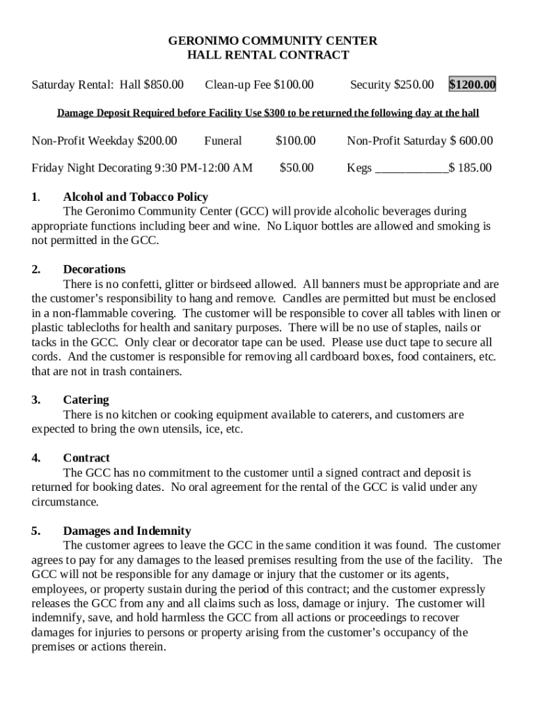 geronimo community center hall rental contract Doc Template pdfFiller