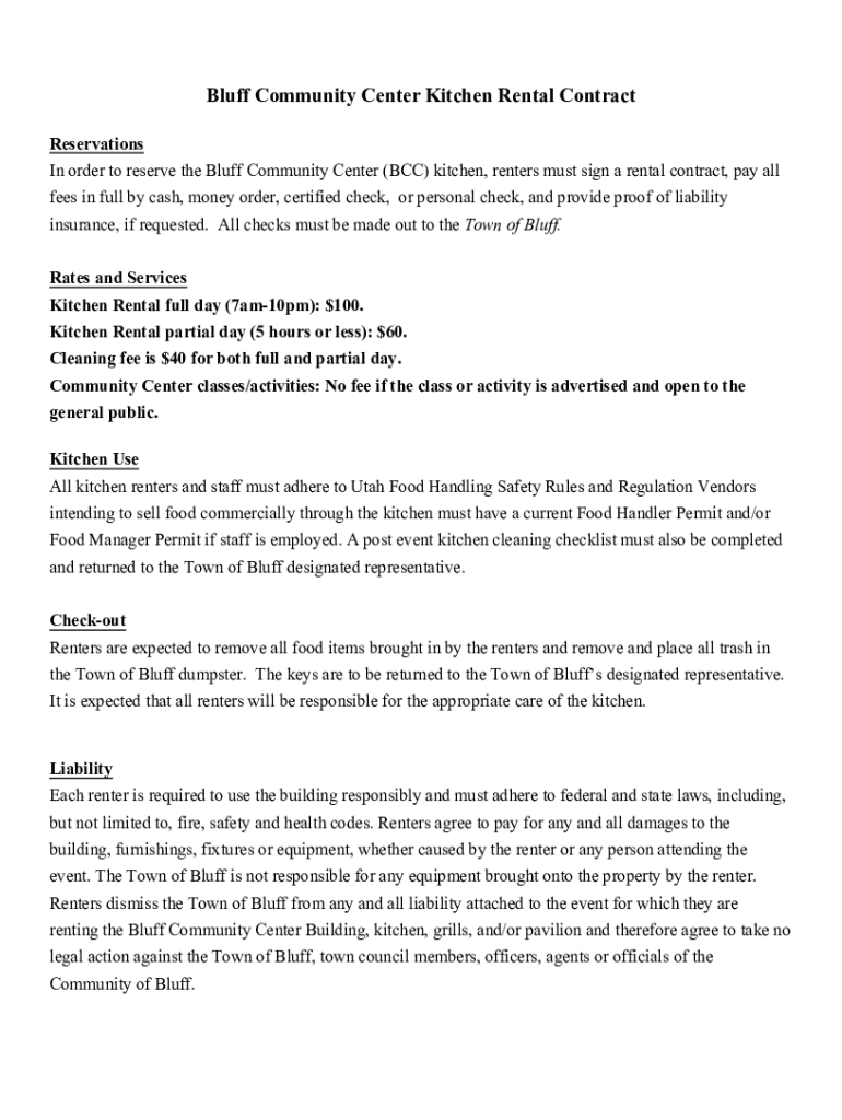 Fillable Online Rental Agreement for Use of the Kitchen Fax Email Print
