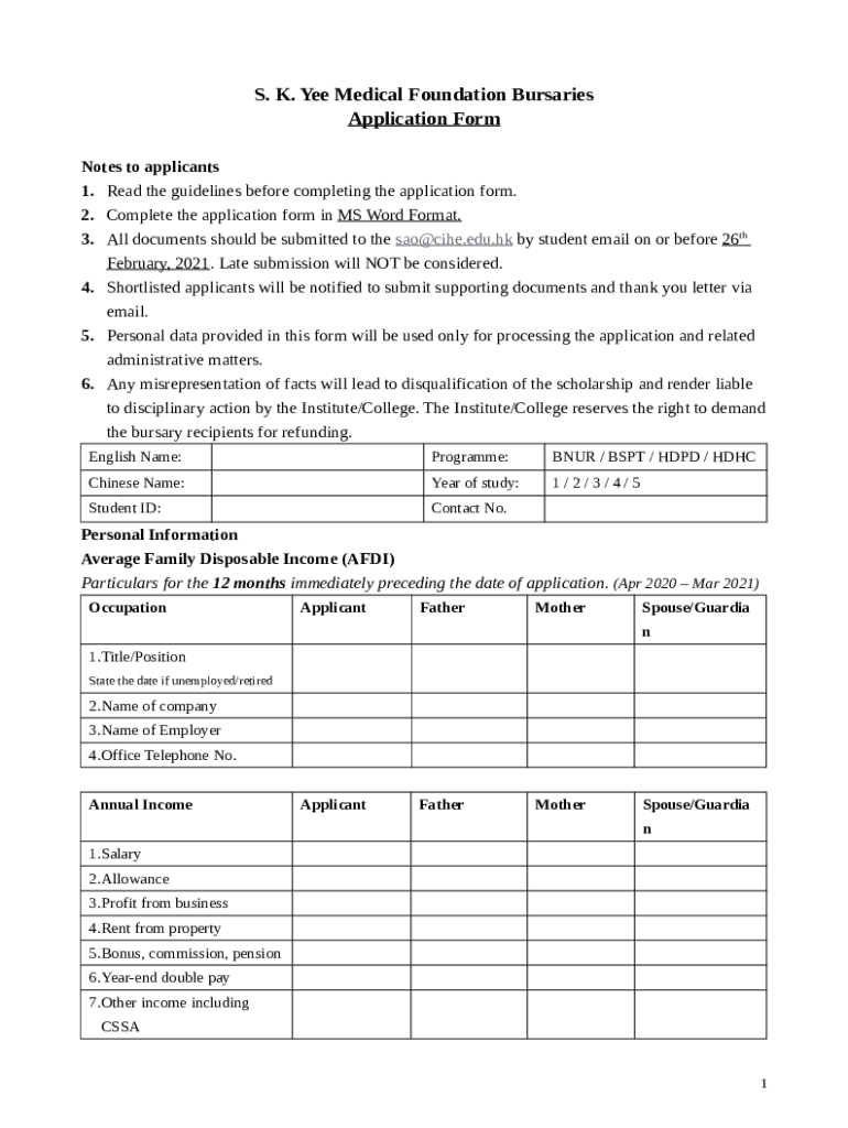 S. K. Yee Medical Foundation Bursaries Application Doc Template
