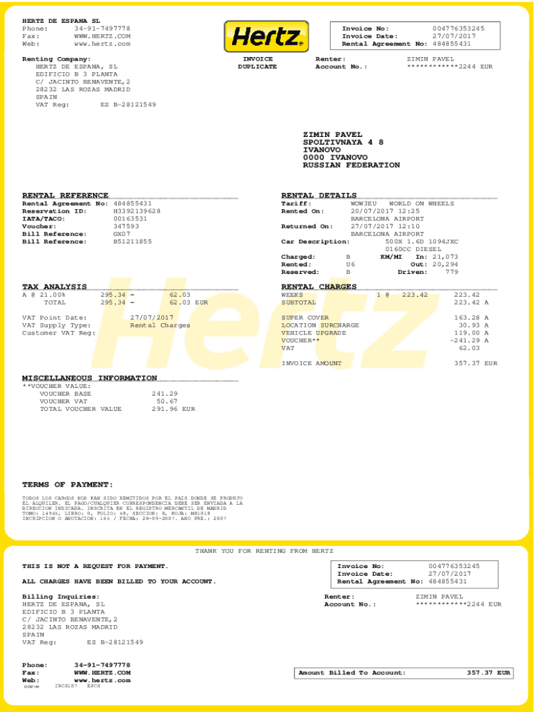 Fillable Online forum awd Hertz EPrint Invoice Fax Email Print pdfFiller