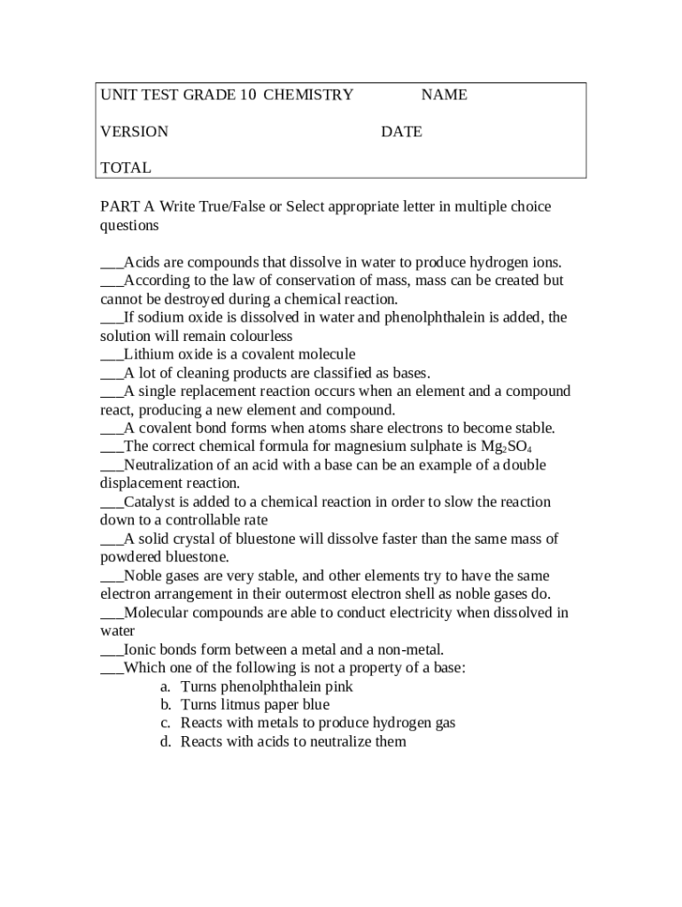UNIT TEST GRADE 10 CHEMISTRY.pdf /60 Name UNIT B Doc Template
