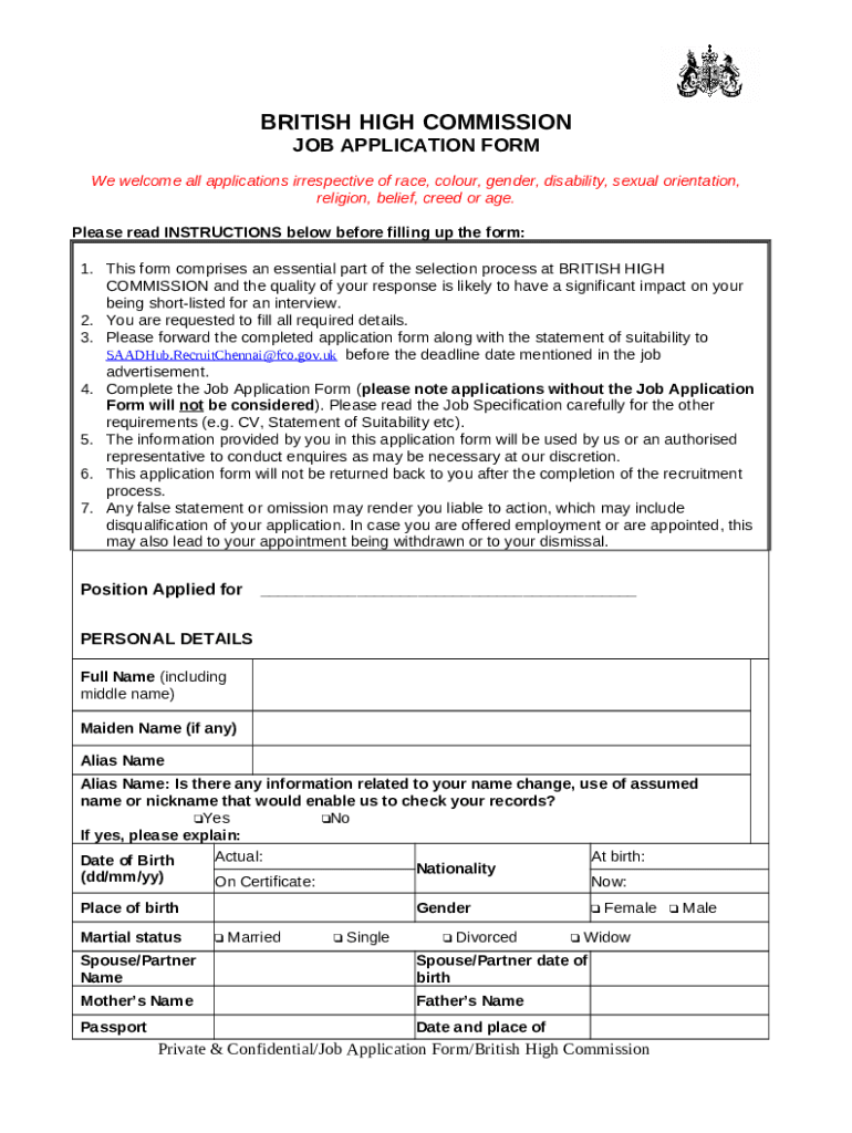 British High Commission Job Application PDF Doc Template pdfFiller