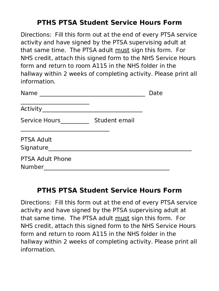 PTHS PTSA Student Service Hours Doc Template pdfFiller