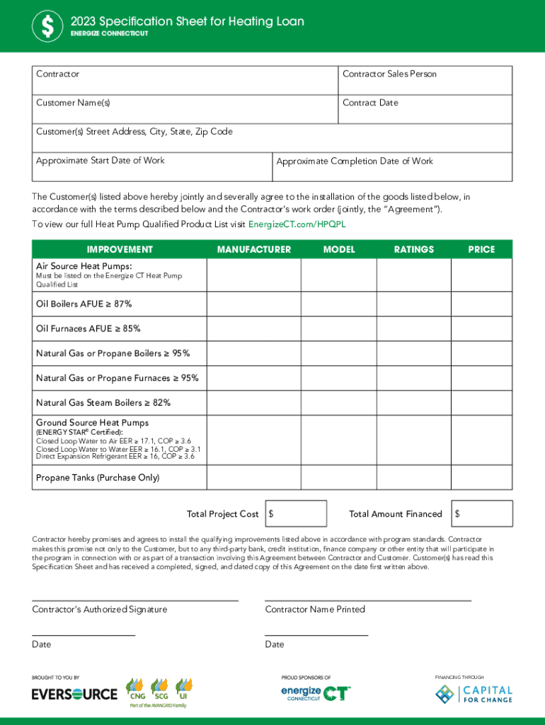 Fillable Online SPECIFICATION SHEET for Energize CT Heating Loan Fax