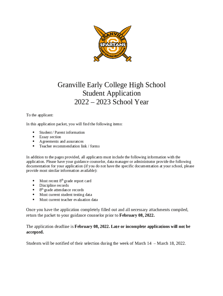 Granville Early College High School Student Application Doc Template