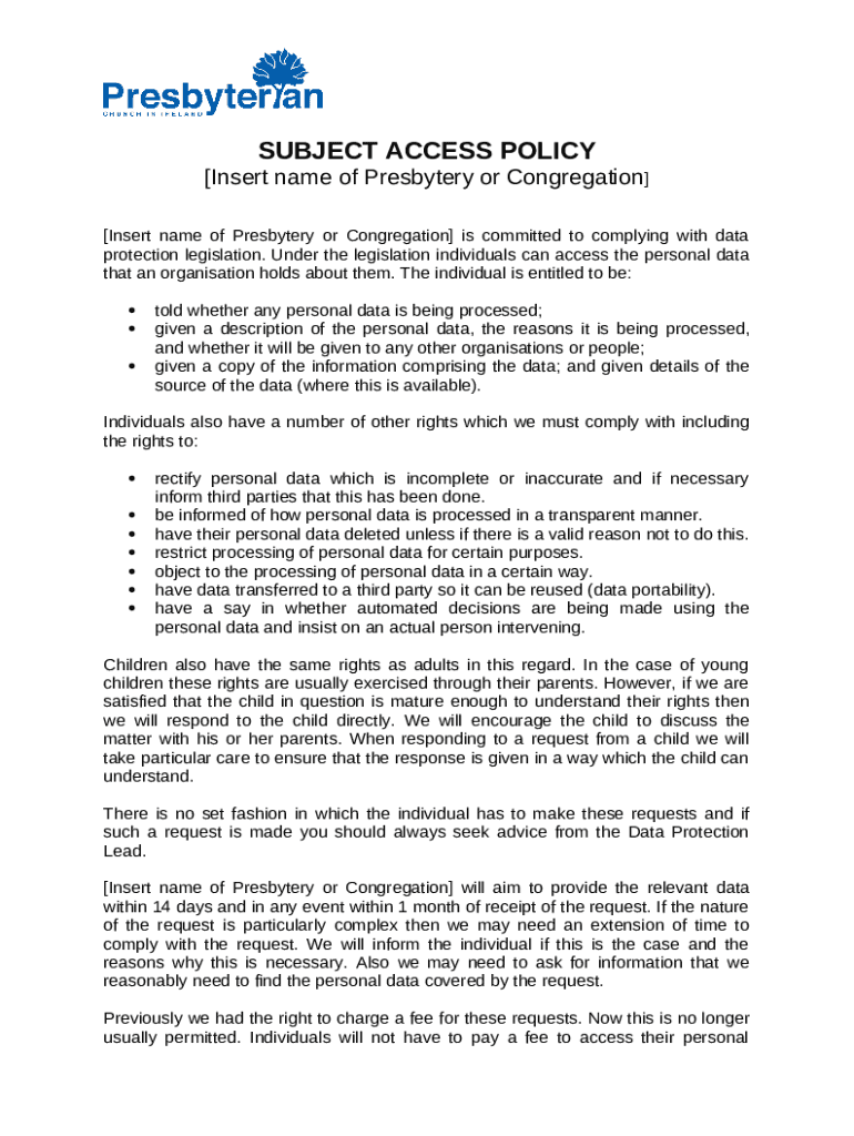 Subject Access Request Policy and Template (docx) Doc Template pdfFiller