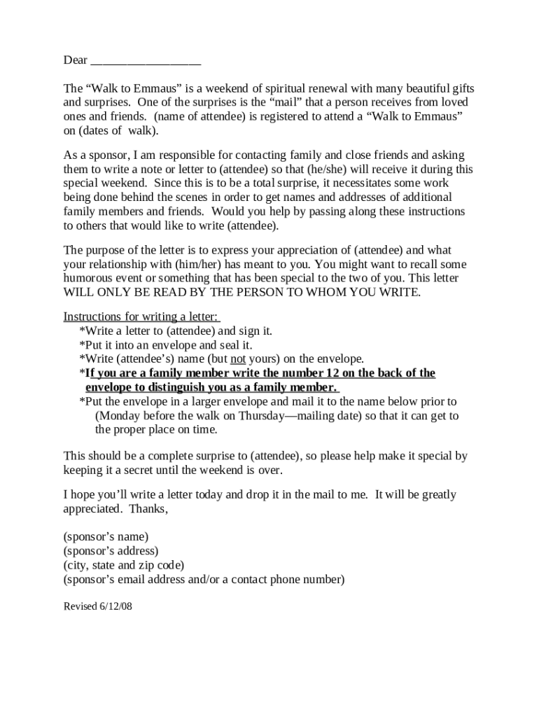 Friend Emmaus Walk Letters Fill Online, Printable Doc Template