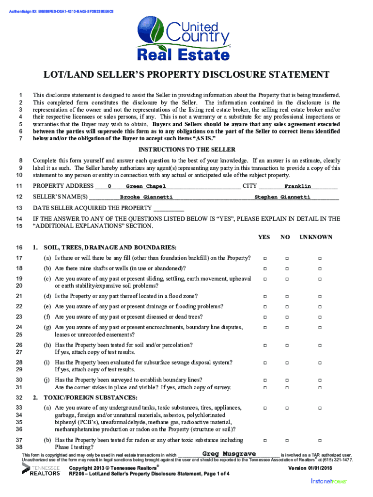Fillable Online LOT/LAND SELLER'S PROPERTY DISCLOSURE STATEMENT Fax