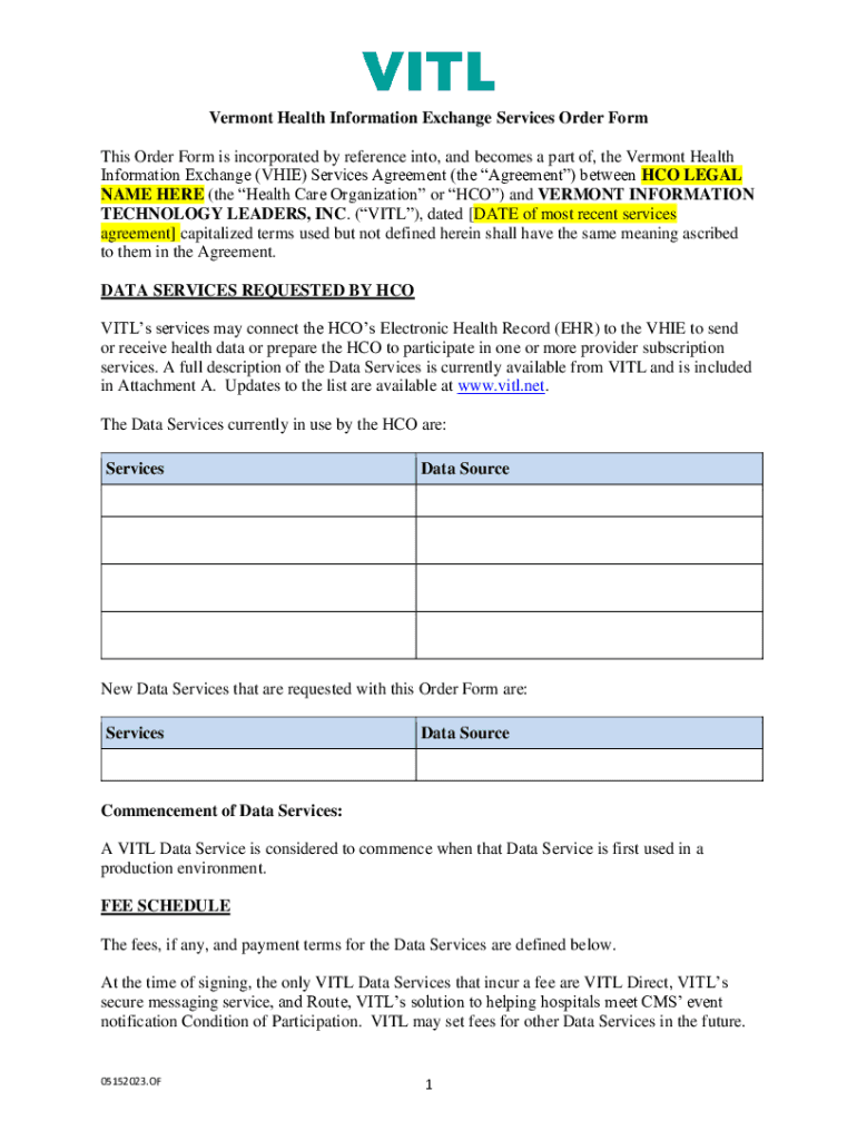 Fillable Online Vermont Health Information Exchange Services Order Form Fax Email Print pdfFiller