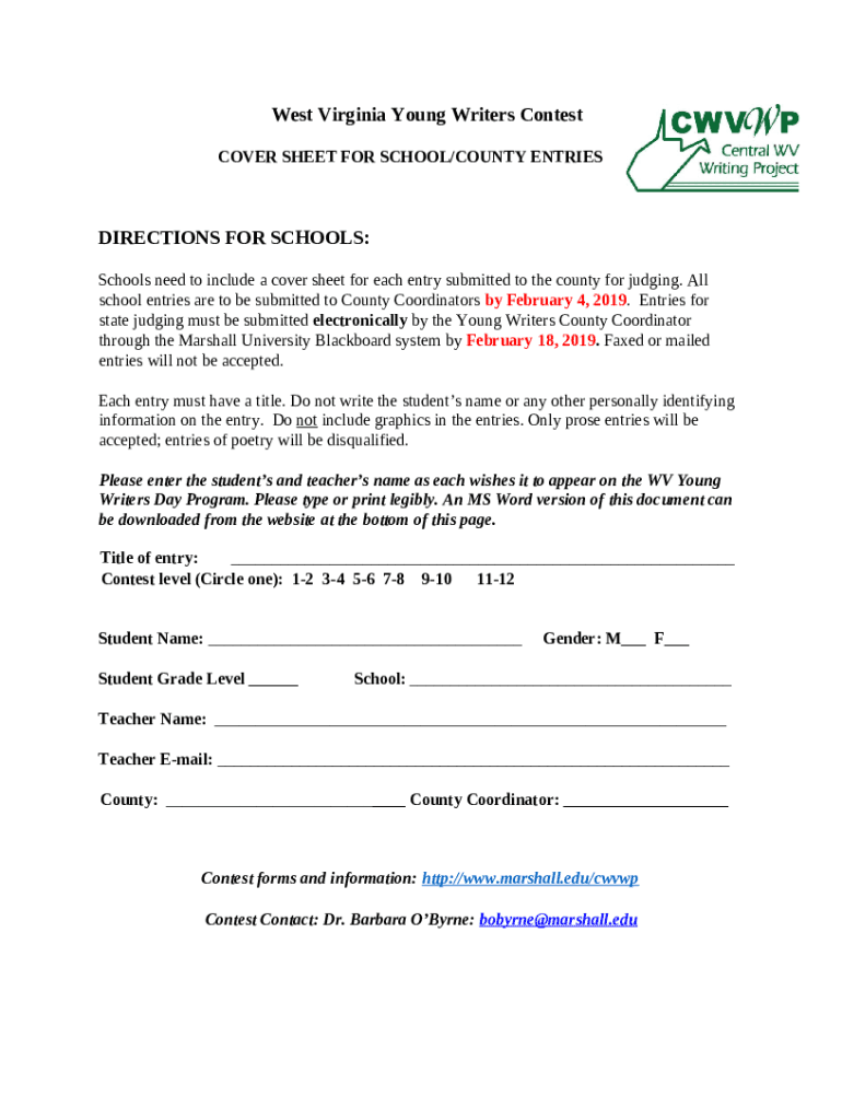 COVER SHEET West Virginia Young Writers Contest Doc Template