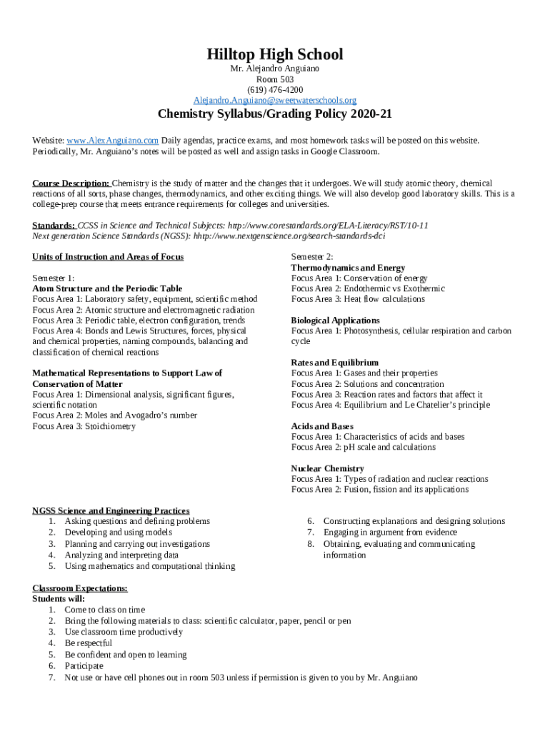 Science Hilltop High School Doc Template pdfFiller