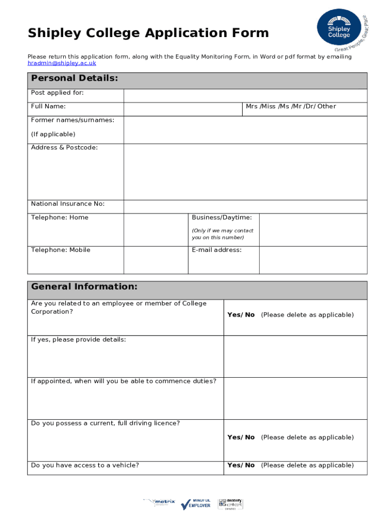 Get the free Shipley College Application (PDF) Doc Template pdfFiller