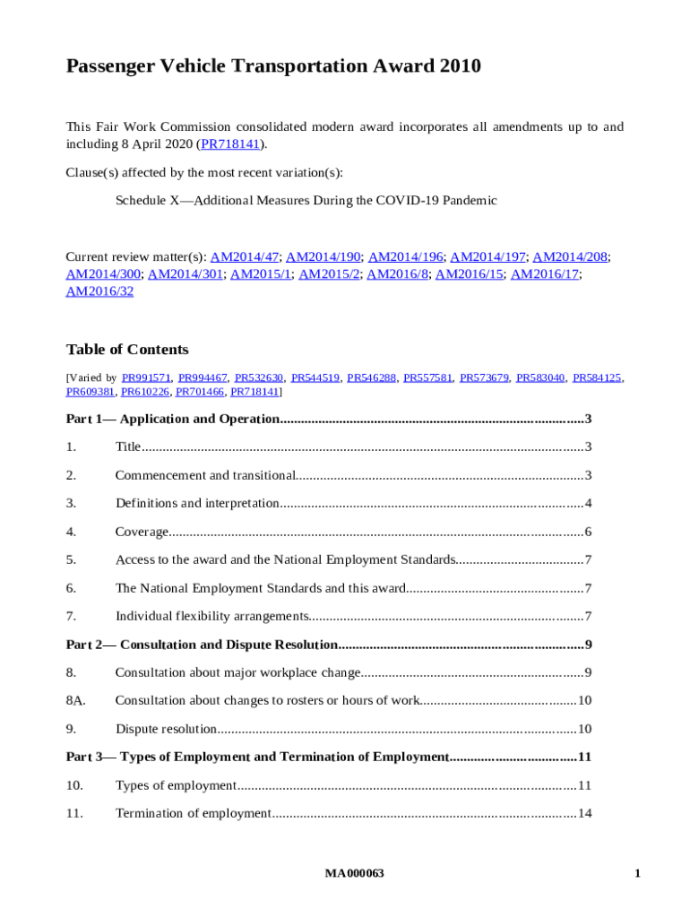 MA000063 Passenger Vehicle Transportation Award 2010. Award code
