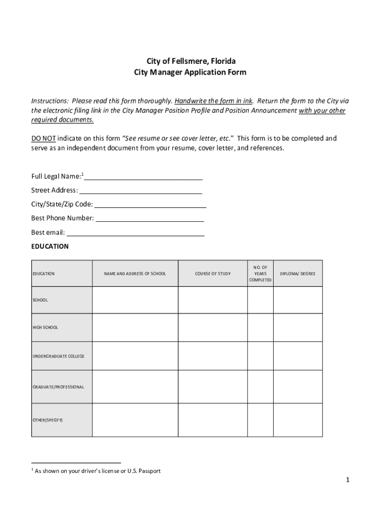 Fillable Online City of Fellsmere, Florida City Manager Application