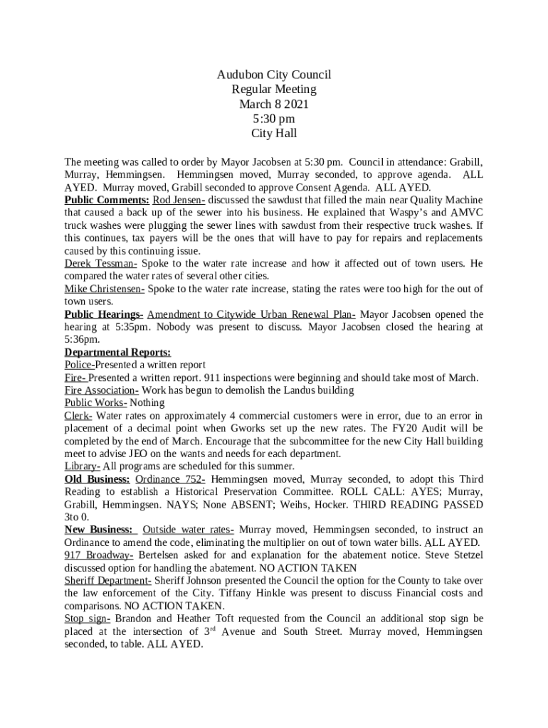City Council Audubon, Minnesota Doc Template pdfFiller