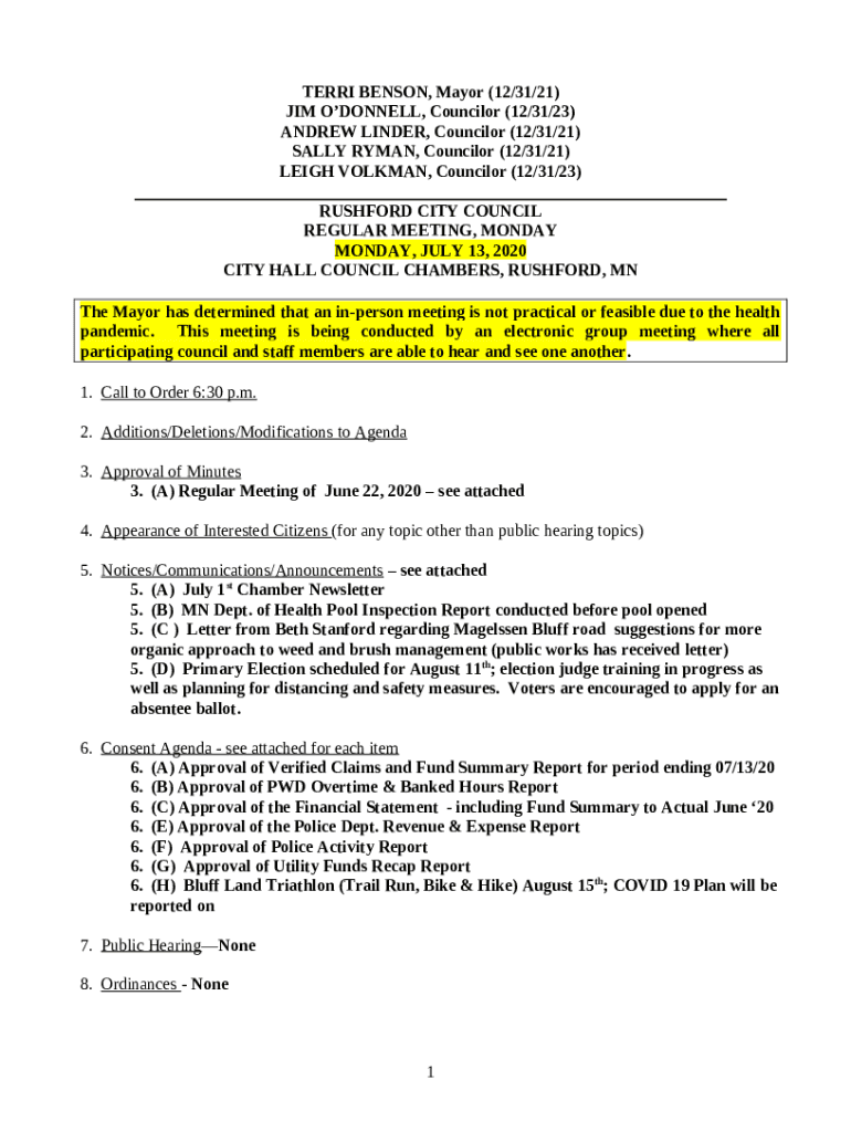 City Hall City Departments City of Rushford Doc Template pdfFiller