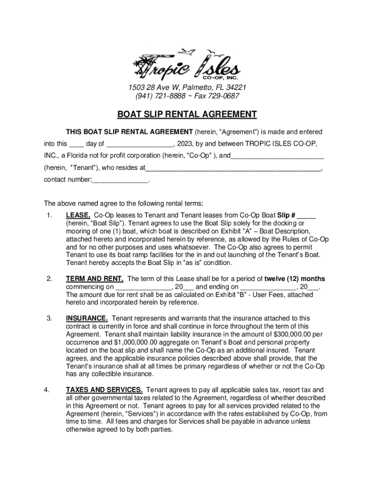 Fillable Online BOAT SLIP LEASE AGREEMENT for slip Fax Email Print
