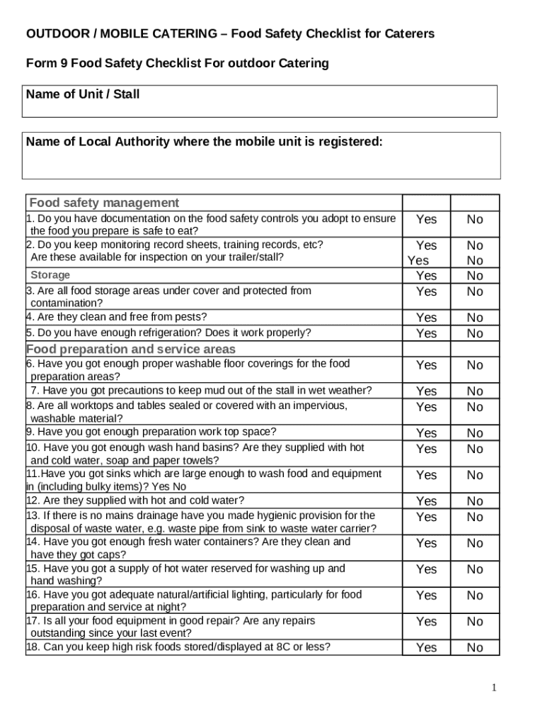 Food Safety self assessment checklist Name of Unit / Stall Doc Template