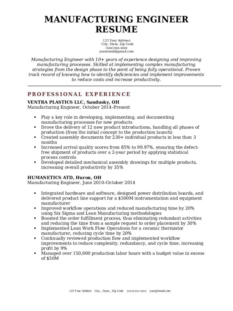 Manufacturing Engineer Job Description Template Doc Template pdfFiller